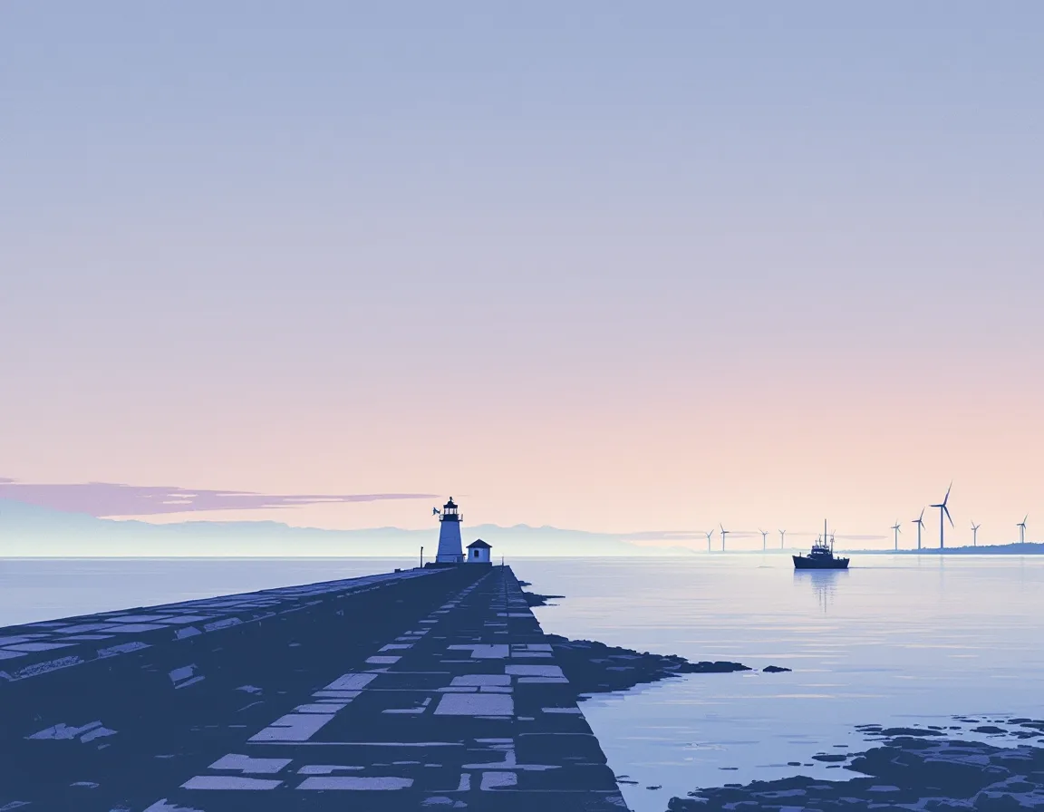 Riso-print illustration of Gloucester harbor at dawn: a granite breakwater and lighthouse in fog, a lobster boat heading out, wind turbines on the horizon.